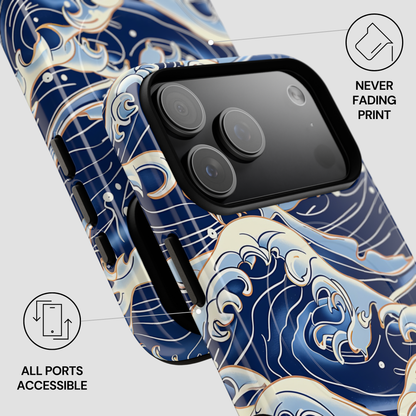 Phone case with wave design and text about print quality and port accessibility  | Casenari