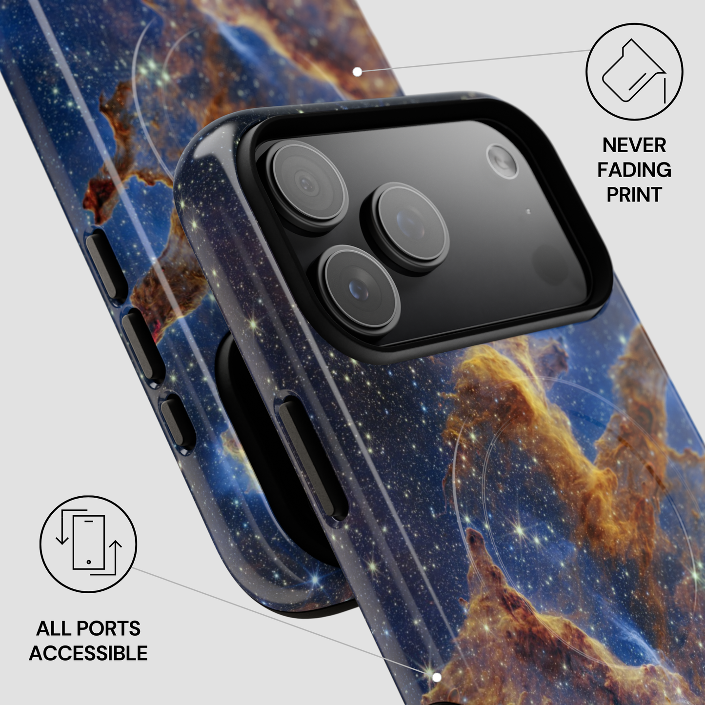 Phone case with space-themed design and features on a white background