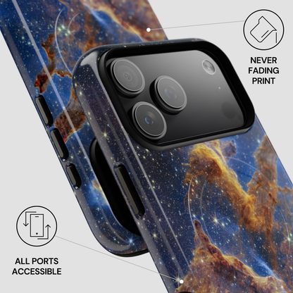 Phone case with space-themed design and features on a white background