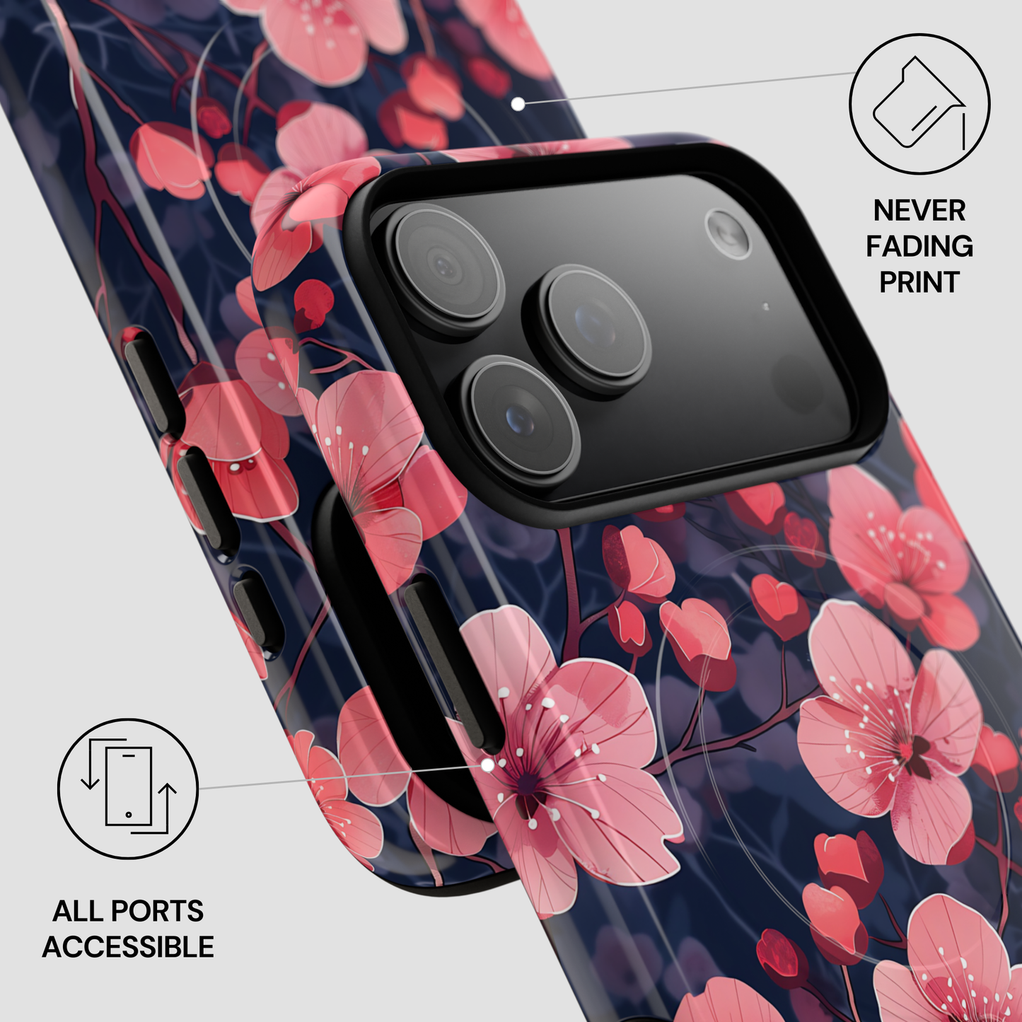Phone case with pink floral design on a blue background, featuring text 'Never Fading Print' and 'All Ports Accessible'.