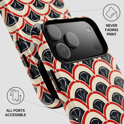 Phone case with geometric pattern and text indicating 'Never Fading Print' and 'All Ports Accessible'.