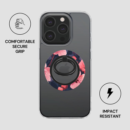 Phone case with floral design and ring holder on a gray background
