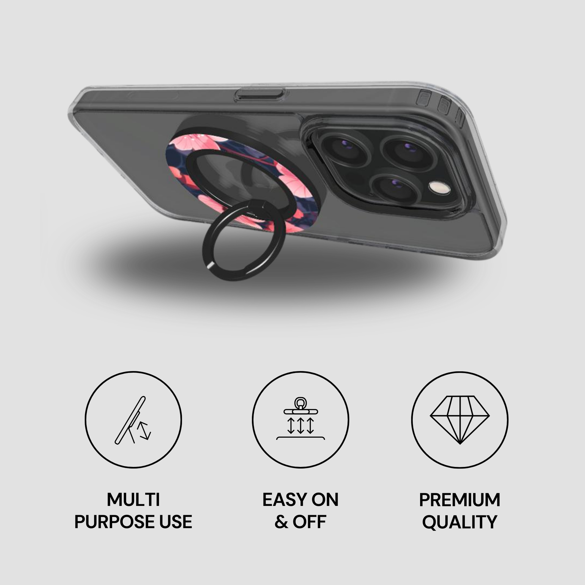 Phone case with ring holder on a gray background