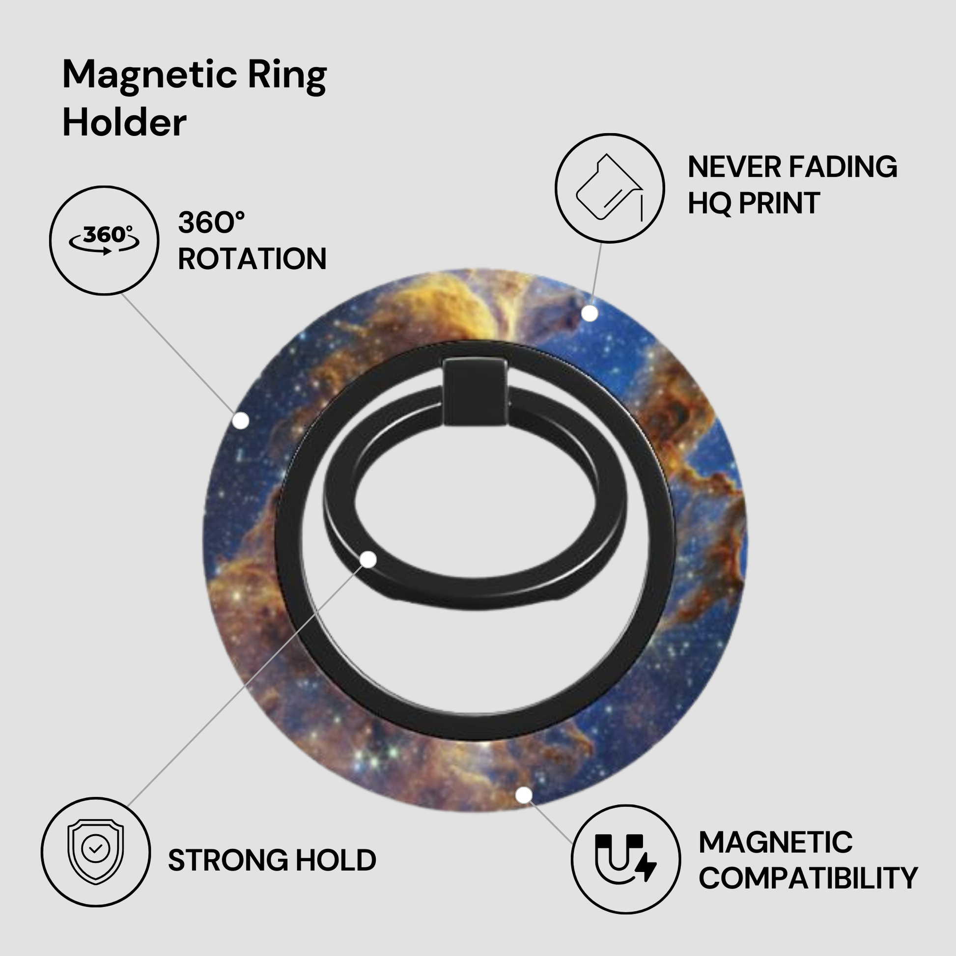 Magnetic ring holder with features highlighted on a white background