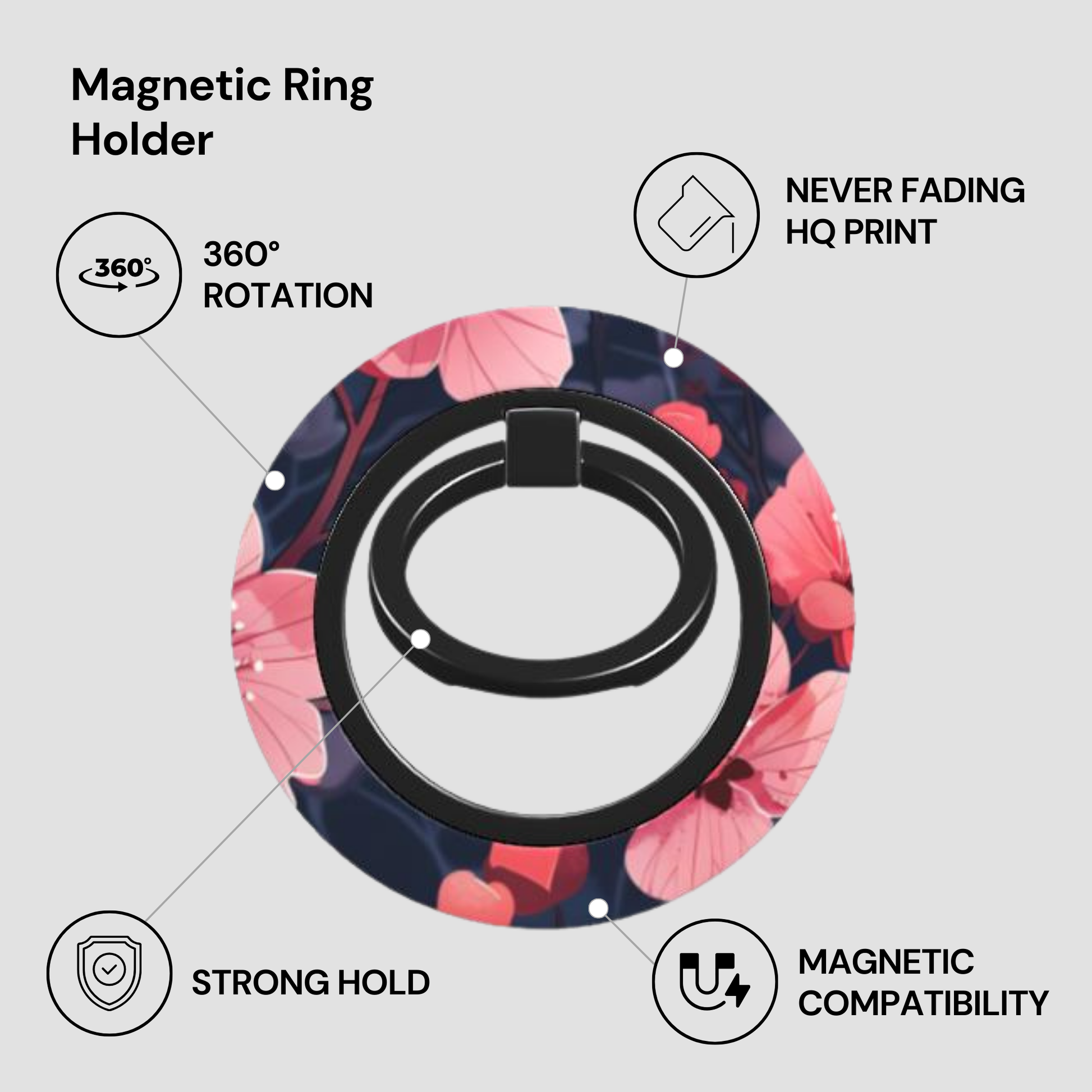 Magnetic ring holder with floral design on a gray background
