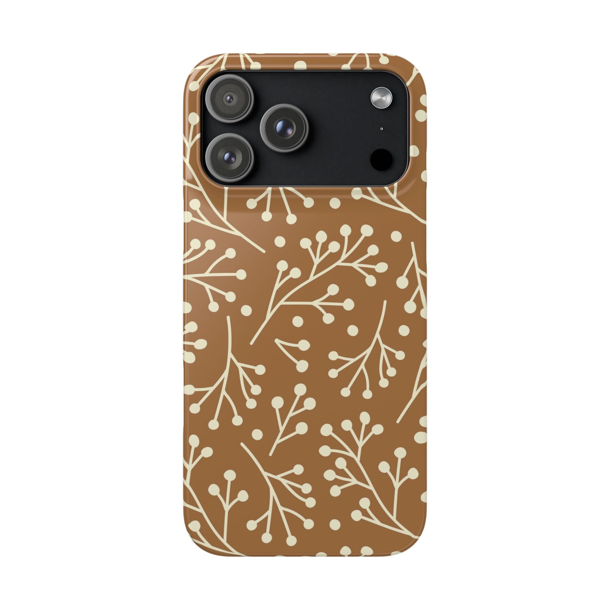 Phone case with a brown and beige floral pattern on a white background