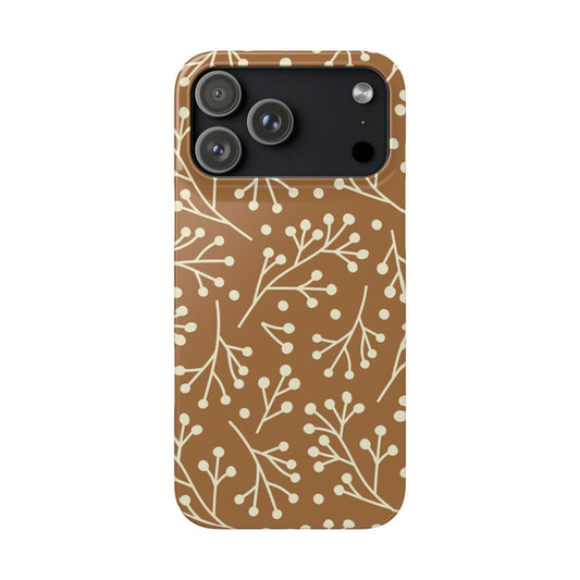 Phone case with a brown and beige floral pattern on a white background