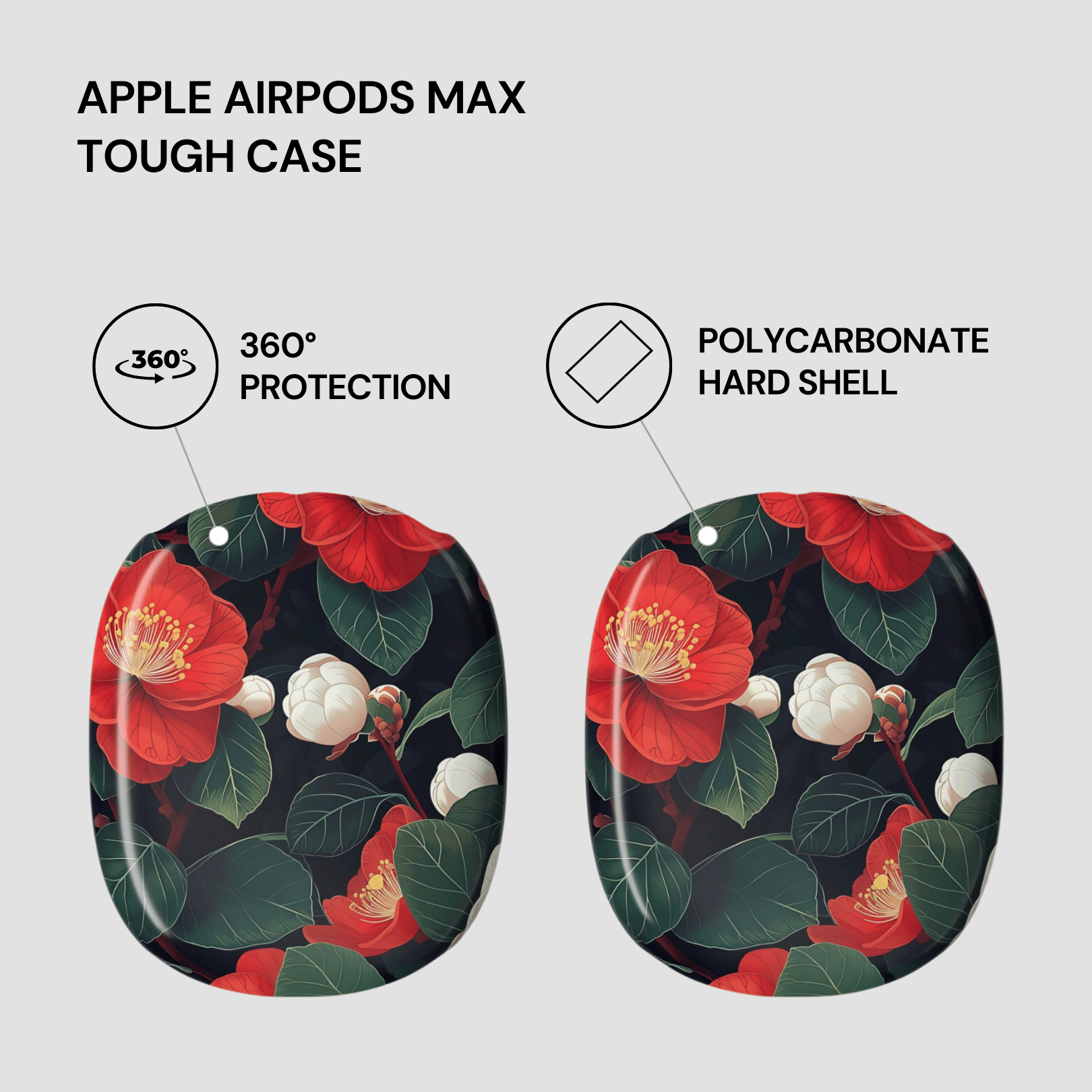 Floral design Apple AirPods Max tough case with protective features highlighted.