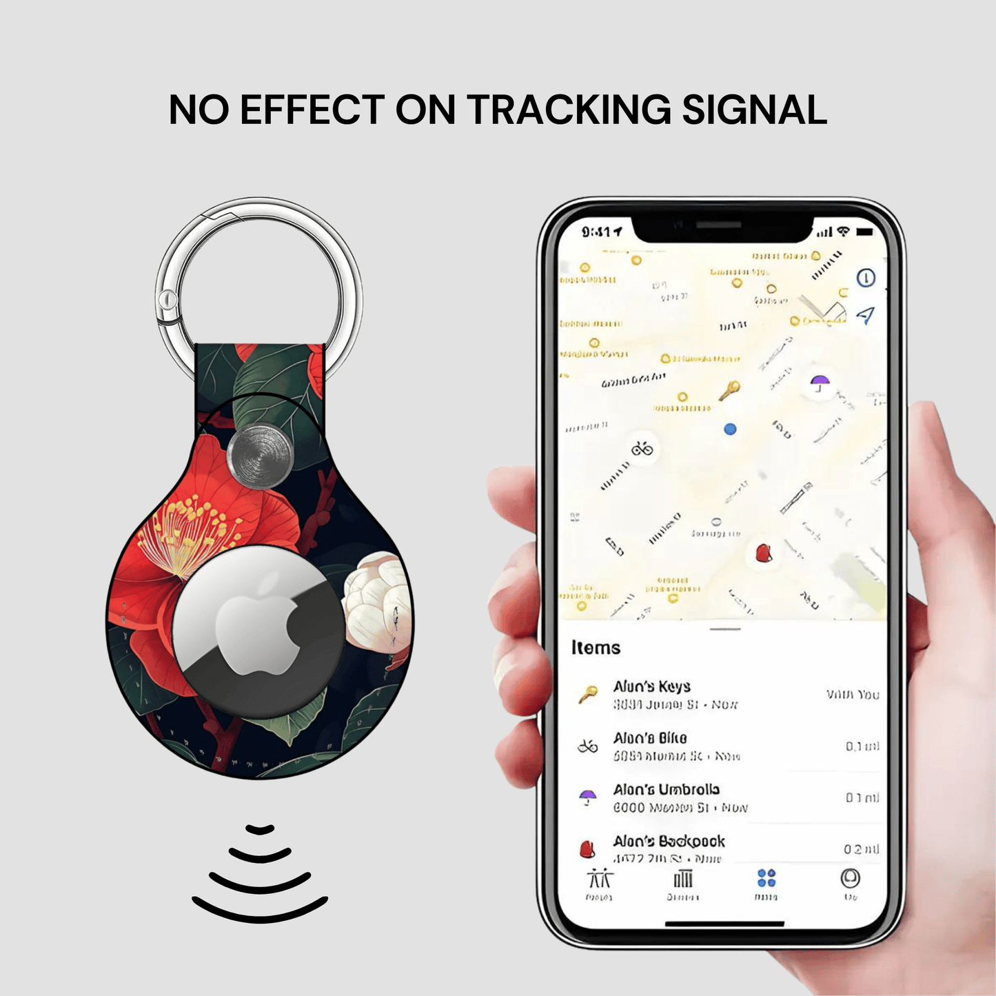 Smart keychain with floral design and Apple logo next to a phone displaying a location app.