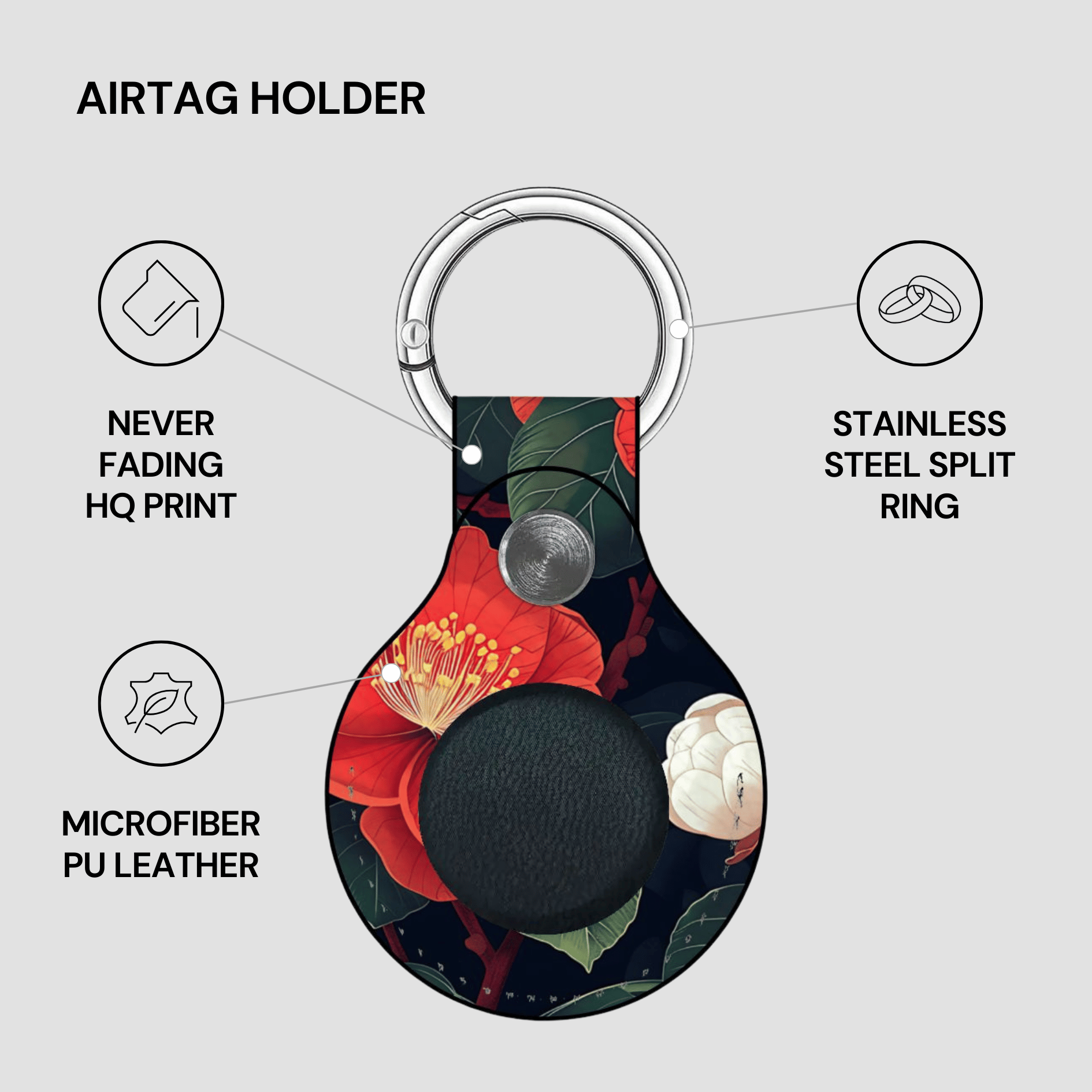 Airtag holder with floral design on a gray background