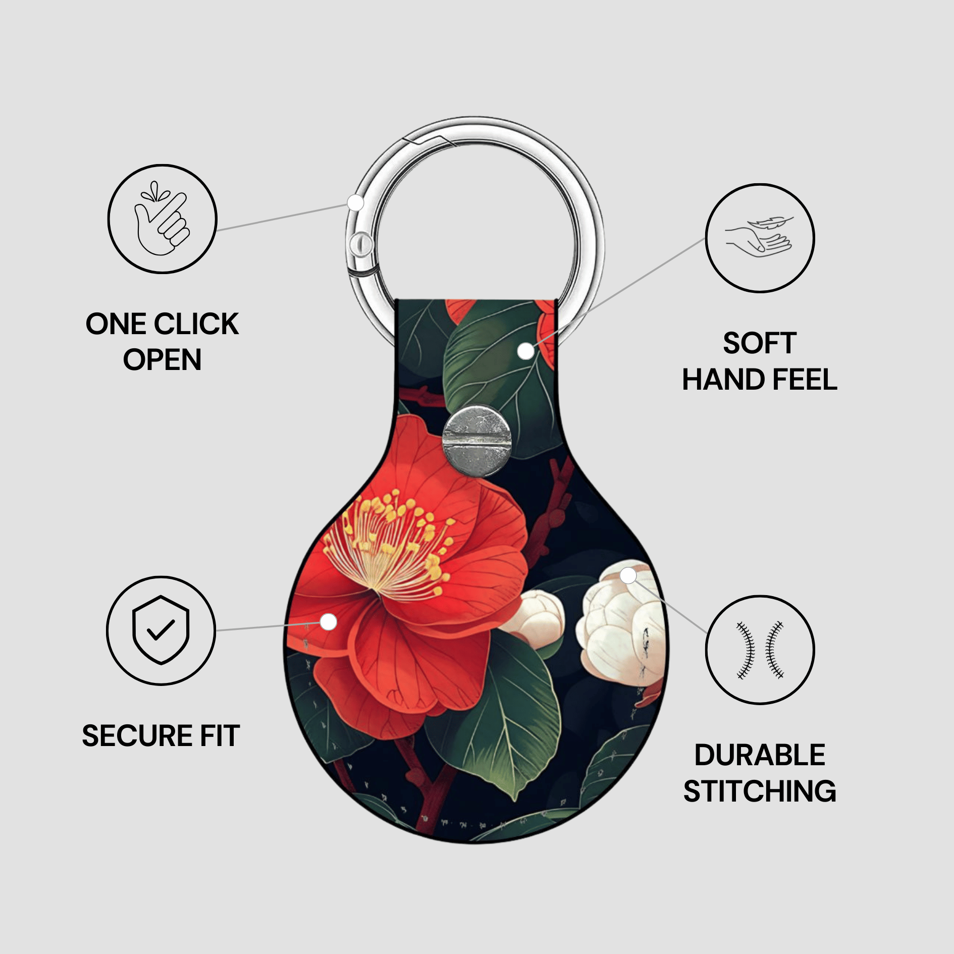 Keychain with floral design and features listed on a light gray background