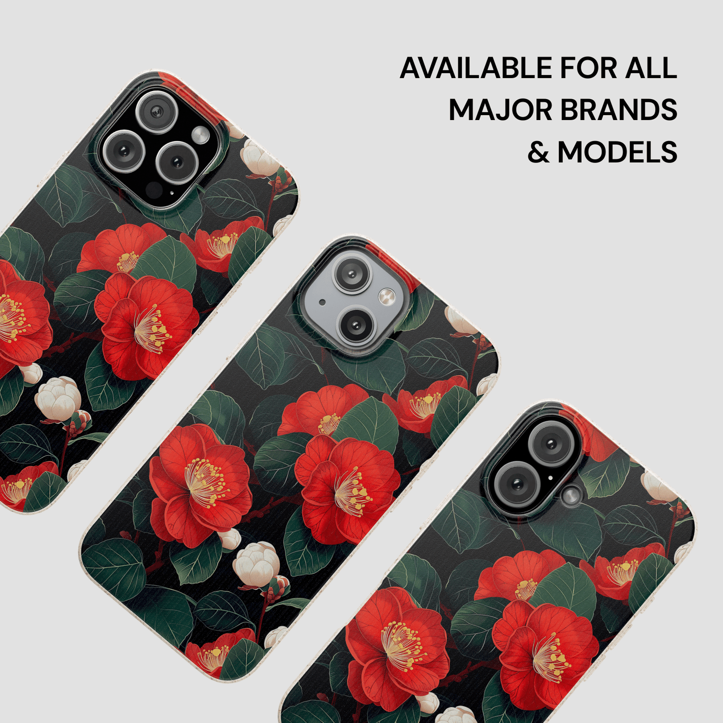 Floral phone case with red flowers on a dark background, available for all major brands and models.