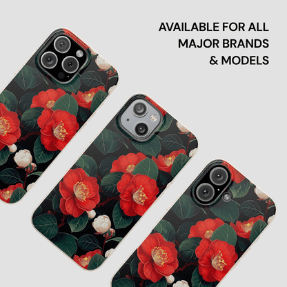 Floral phone case with red flowers on a dark background, available for all major brands and models.