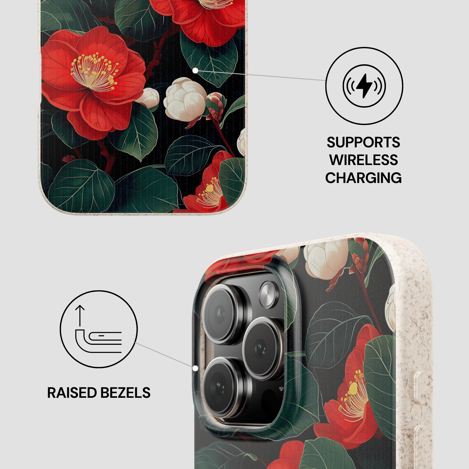 Phone case with floral design and wireless charging symbol on a white background