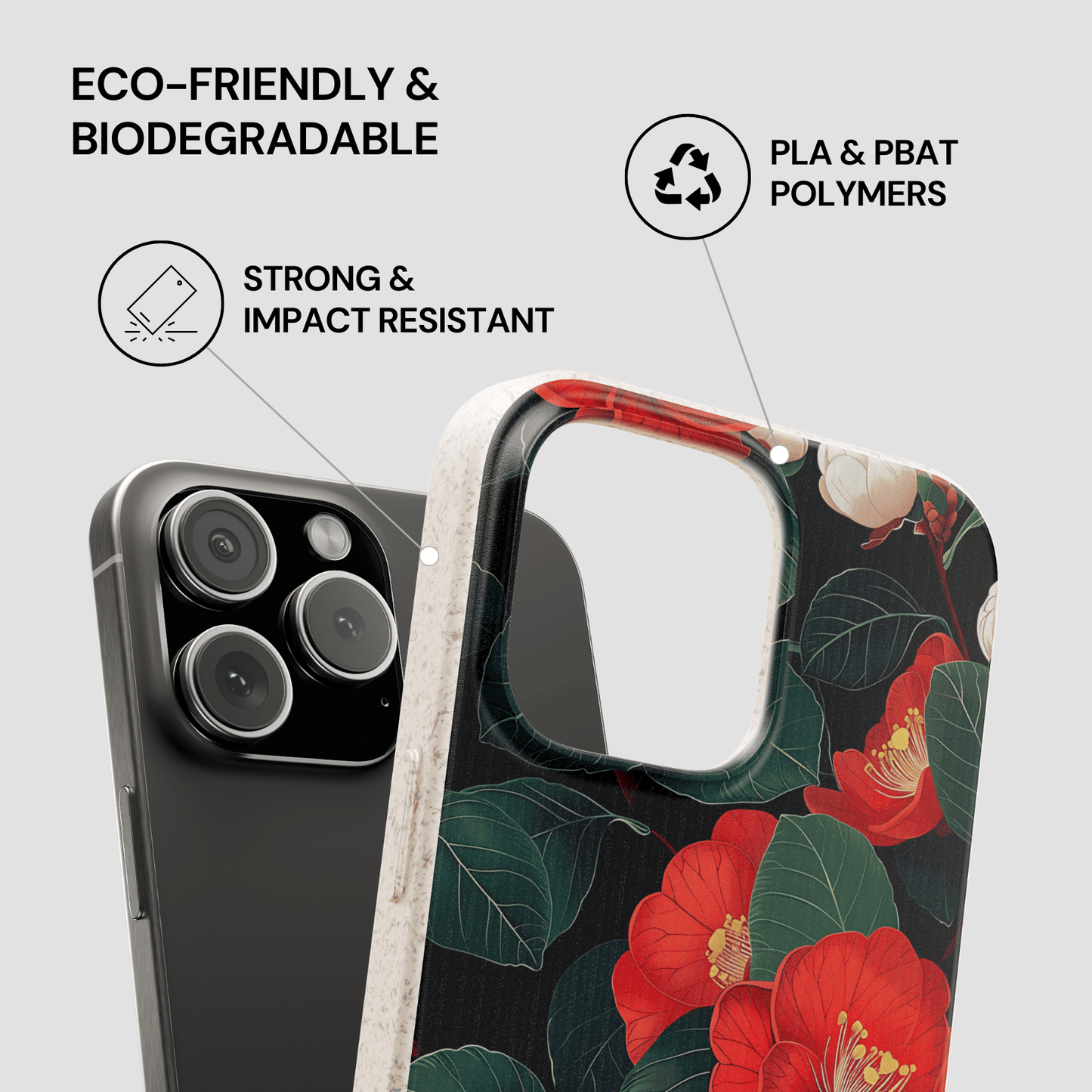 Floral phone case with eco-friendly and biodegradable features on a gray background