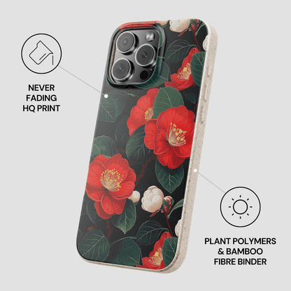 Phone case with red floral design on a black background, featuring text about material and print quality.