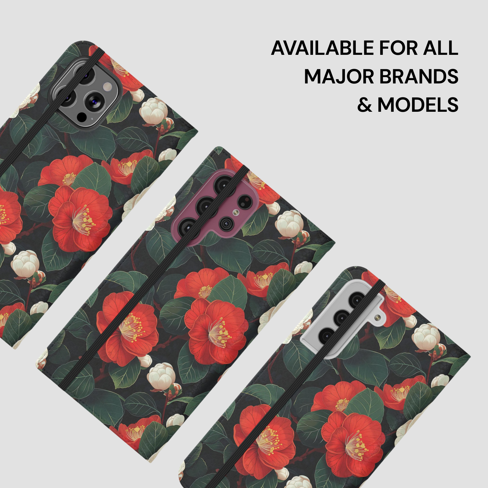 Floral phone case with red flowers and green leaves on a white background