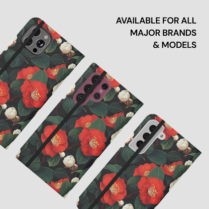 Floral phone case with red flowers and green leaves on a white background