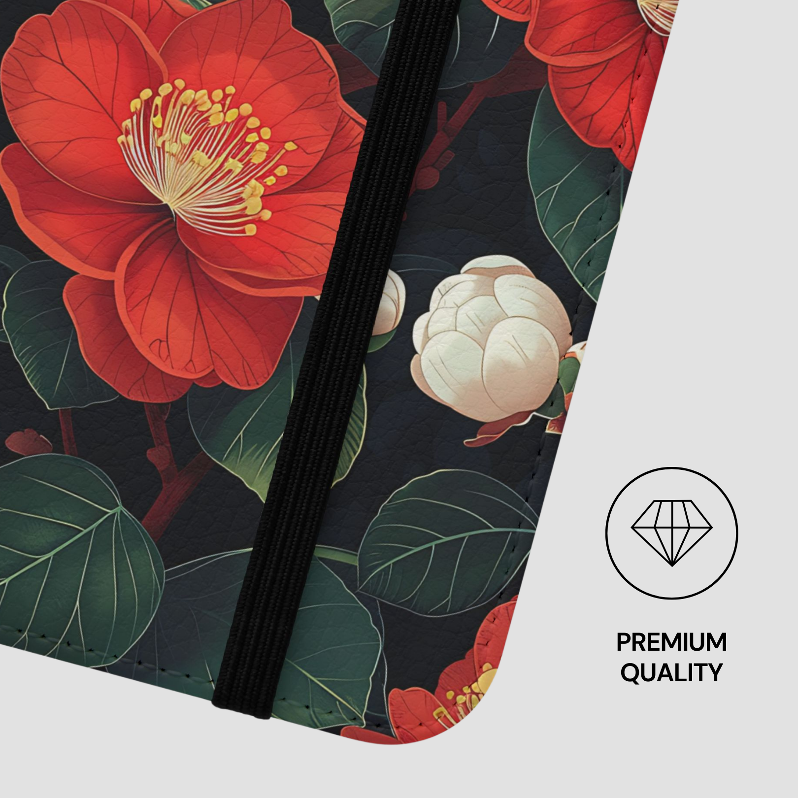 Floral design with red flowers and green leaves on a black background, featuring a 'Premium Quality' label.