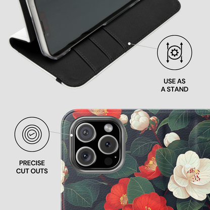 Phone case with floral design and stand feature on a white background