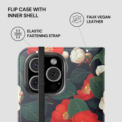 Floral patterned phone case with features highlighted on a gray background