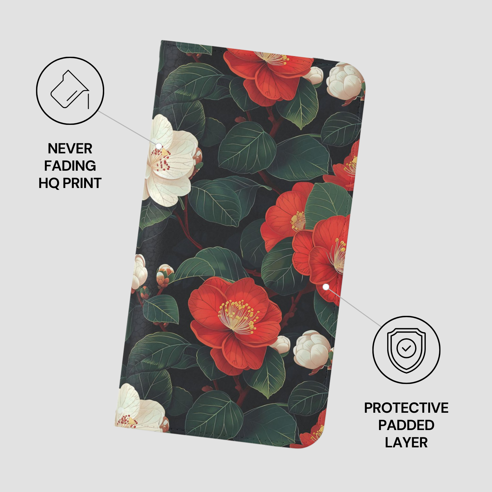 Floral patterned product with protective features on a white background