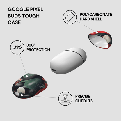 Google Pixel Buds Tough Case with features highlighted on a white background