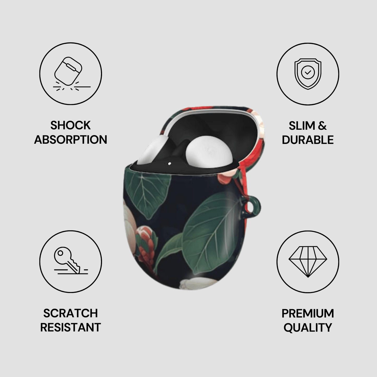 Product case with leaf design and features labeled on a light gray background