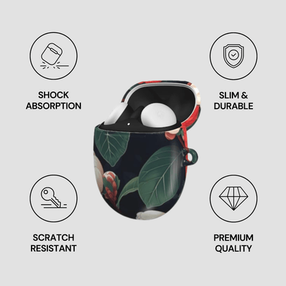 Product case with leaf design and features labeled on a light gray background