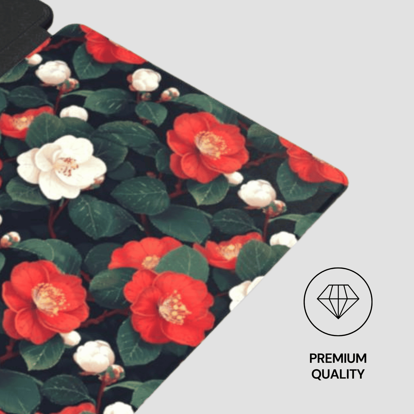 Floral patterned fabric with red and white flowers on a black background, featuring a 'Premium Quality' label.