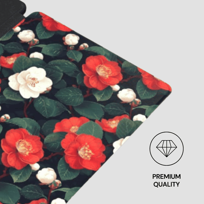 Floral patterned fabric with red and white flowers on a black background, featuring a 'Premium Quality' label.