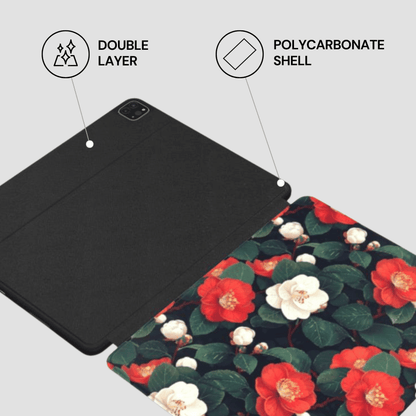 Floral-patterned case with text labels for double layer and polycarbonate shell on a gray background
