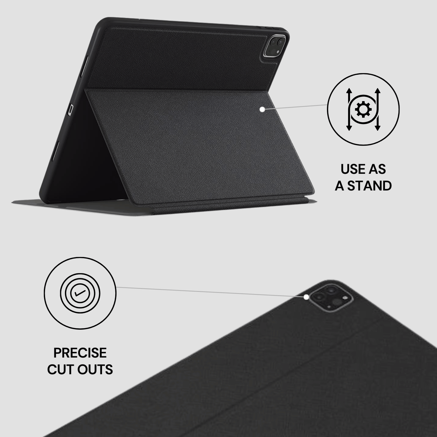 Black tablet case with stand feature on a light gray background