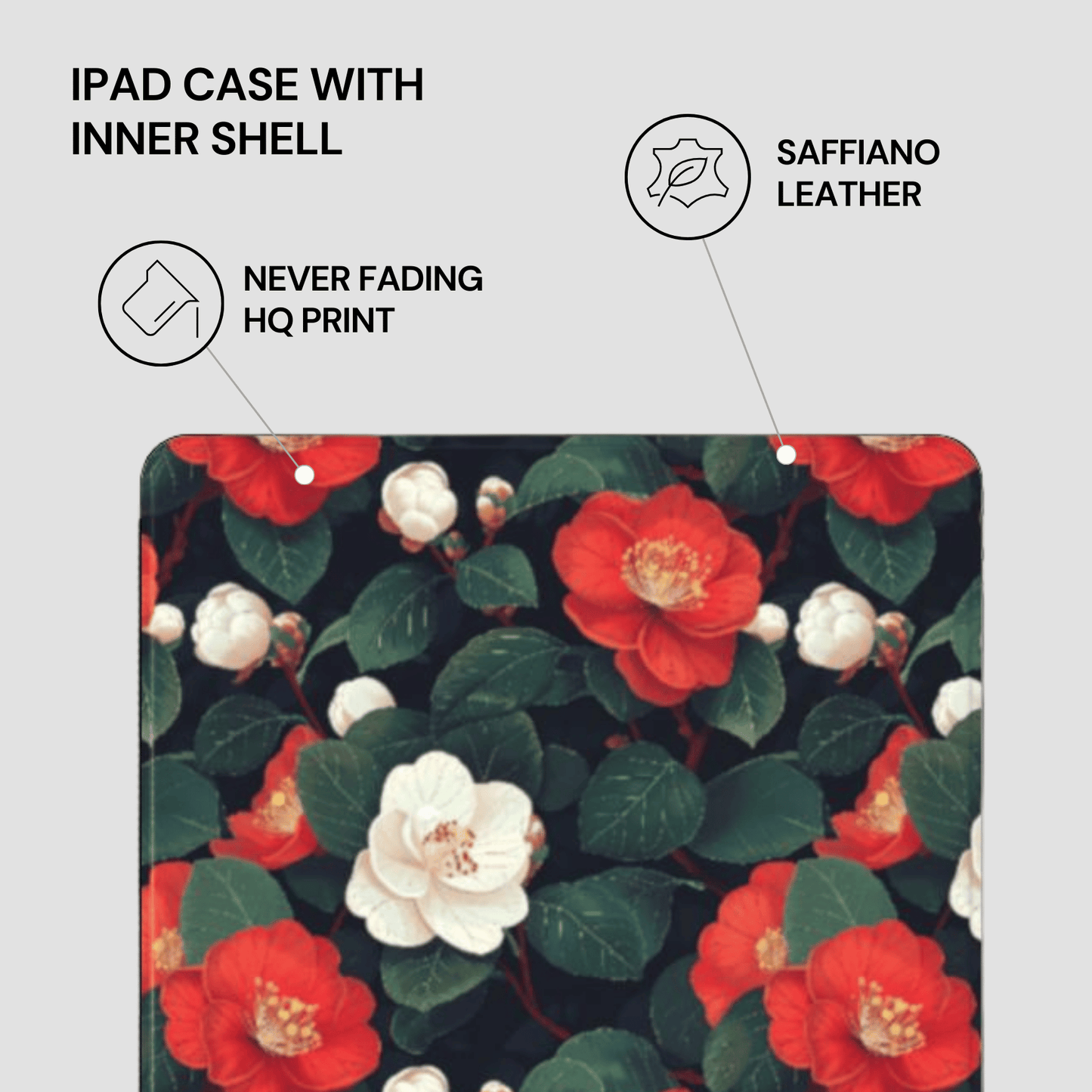 Floral patterned iPad case with saffiano leather inner shell on a light gray background