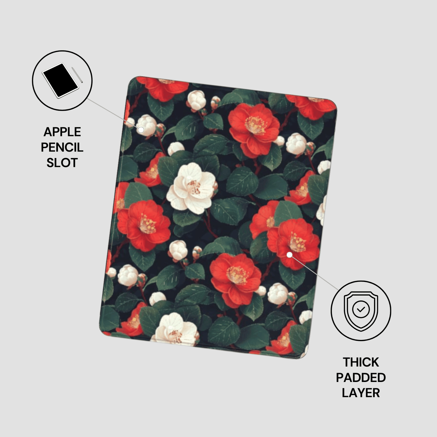 Floral patterned case with Apple Pencil slot and thick padded layer on a gray background