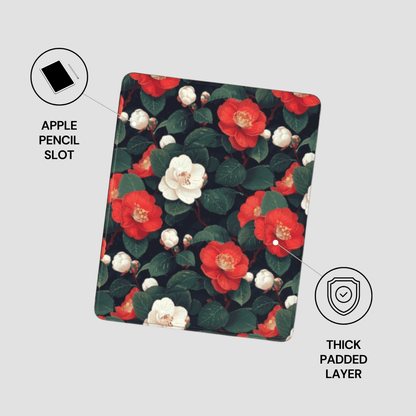 Floral patterned case with Apple Pencil slot and thick padded layer on a gray background
