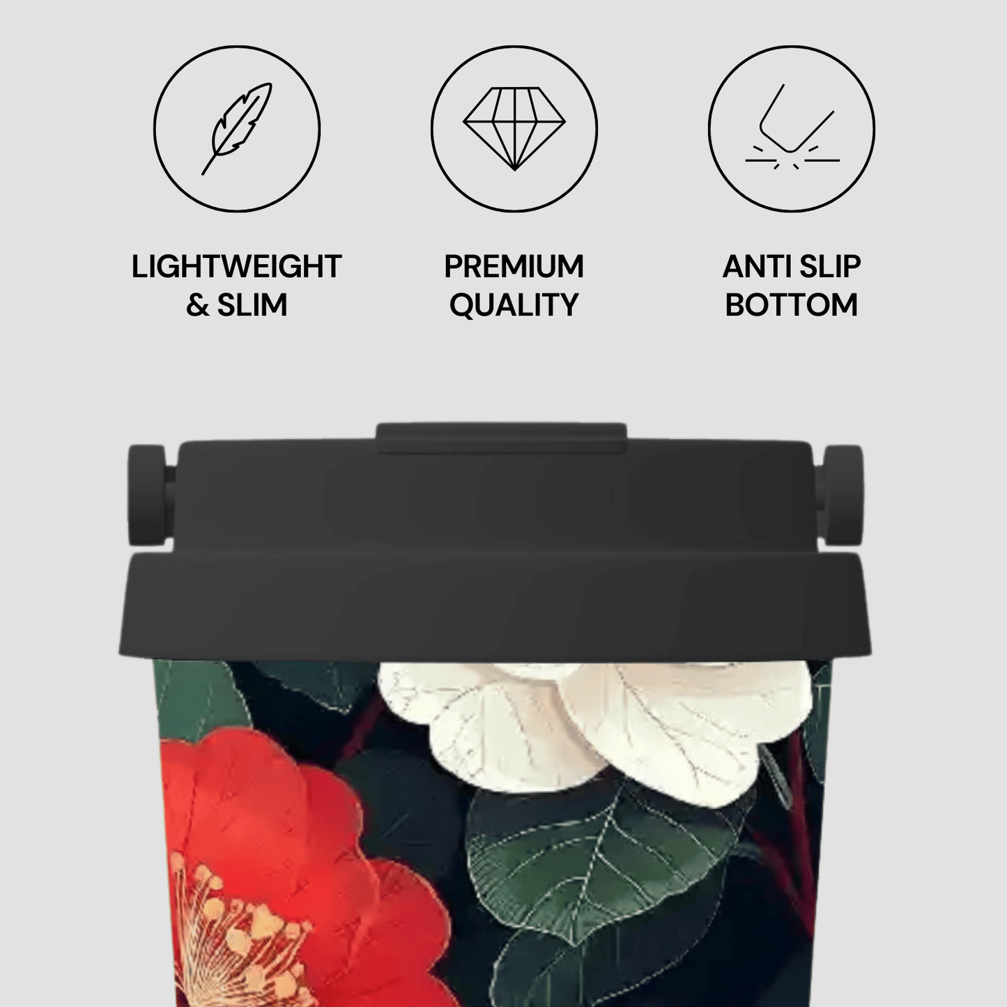 Product with floral design and text indicating lightweight, premium quality, and anti-slip bottom.
