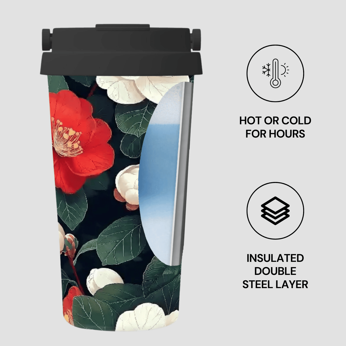 Floral-patterned tumbler with insulated design features on a light gray background