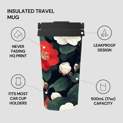 Insulated travel mug with floral design on a gray background, featuring text on product features.
