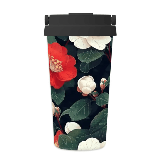 Floral-patterned tumbler with a black lid on a white background