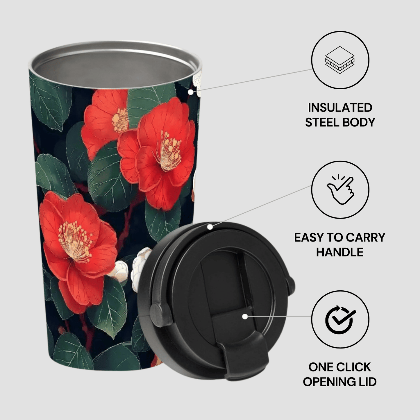 Insulated steel tumbler with red floral design and black lid on a light gray background