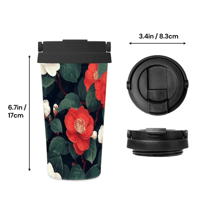 Floral-patterned travel mug with black lids and measurements on a white background