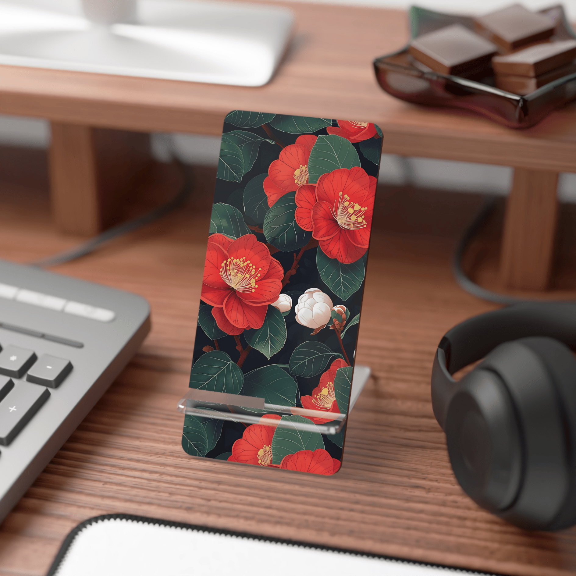 Phone stand with red floral design on a desk with computer and headphones