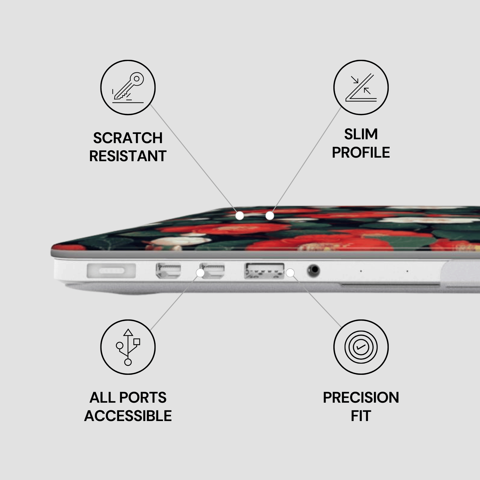 Laptop case with floral design and features labeled on a light gray background
