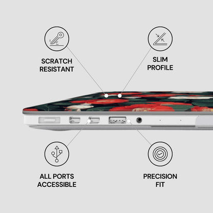 Laptop case with floral design and features labeled on a light gray background