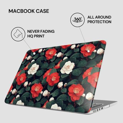 Floral MacBook case with features highlighted on a white background