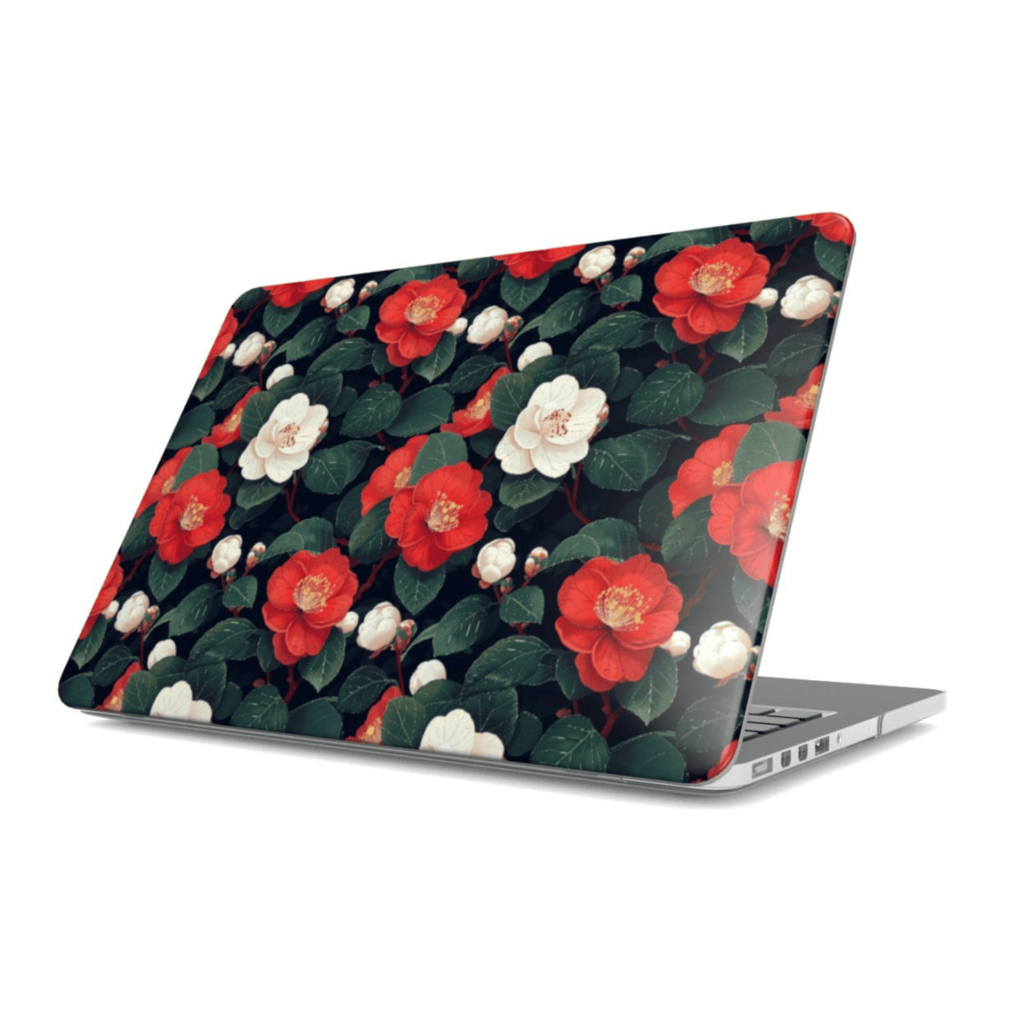 Laptop with a floral design featuring red, white, and green flowers on a black background.
