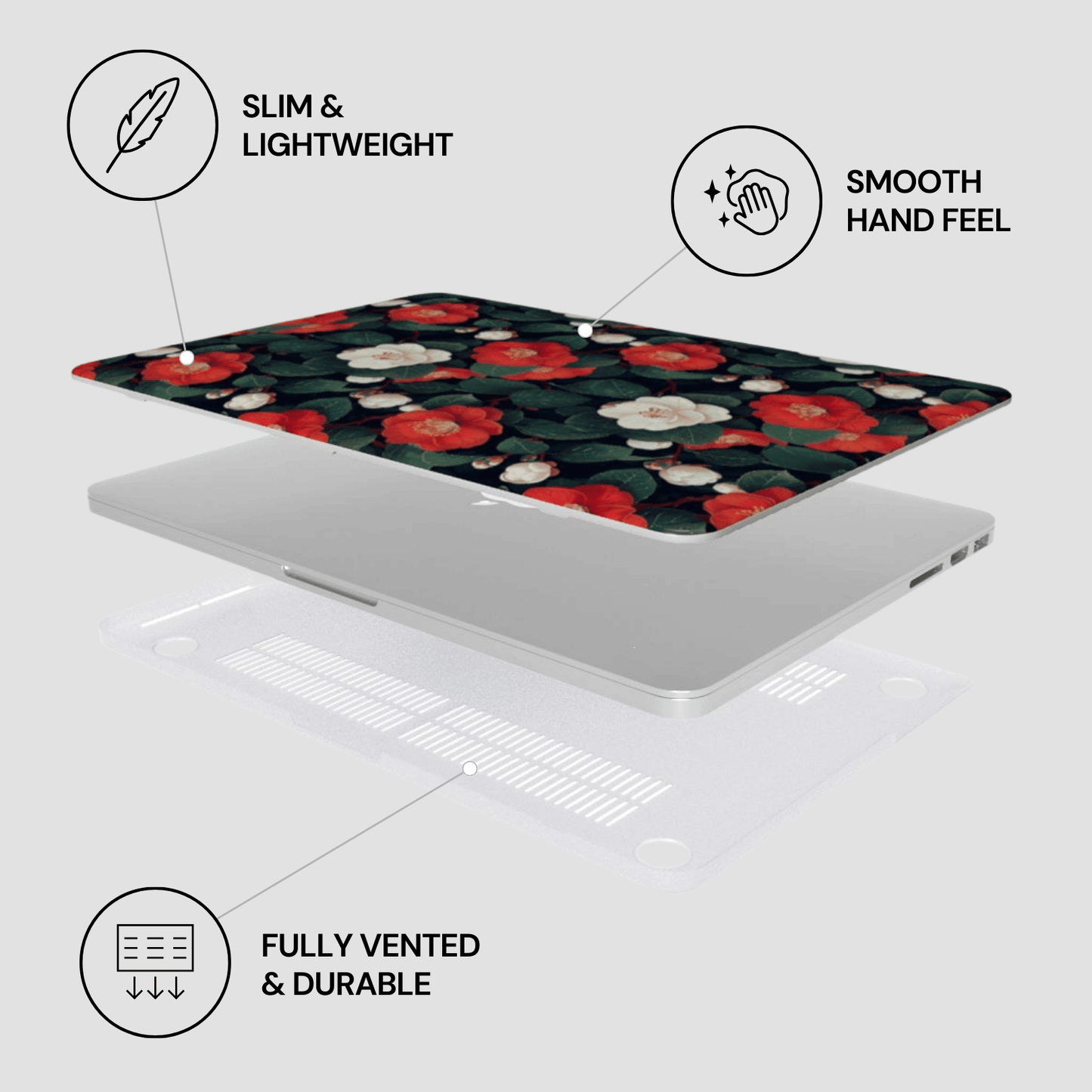Laptop with floral design on a white background, featuring text labels about features.