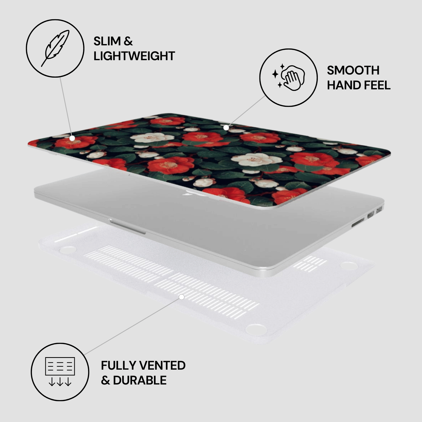 Laptop with floral design on a white background, featuring text labels about features.