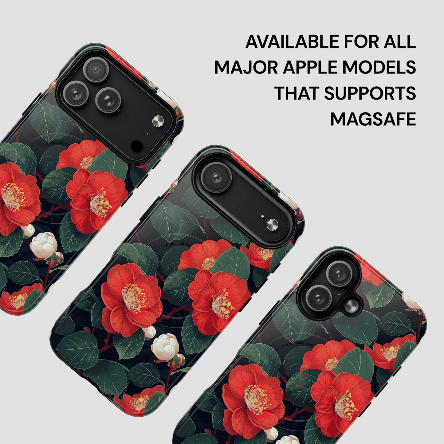 Floral phone case with red flowers on a black background, available for Apple models supporting MagSafe.